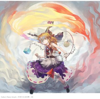 1girl absurdres belt bow breath_weapon breathing_fire chain cube cuffs fire flame_print footwear_bow full_body gourd hair_bow highres horn_bow horn_ornament horn_ribbon horns ibuki_suika immaterial_and_missing_power legs_apart long_hair loose_socks low-tied_long_hair neckerchief orange_eyes orange_hair orb purple_skirt pyramid_(geometry) red_bow red_neckerchief ribbon ribbon_trim riki6 shackles shirt shoes skirt sleeveless sleeveless_shirt smoke socks solo torn_clothes torn_sleeves touhou white_legwear white_shirt wrist_cuffs