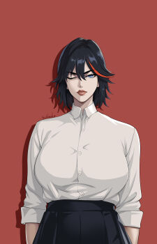 1girl aged_up artist_name black_hair blouse blue_eyes breasts female_focus kill_la_kill large_breasts lips looking_at_viewer matoi_ryuuko mature_female medium_hair one_eye_closed sekineko shirt simple_background skirt upper_body wink