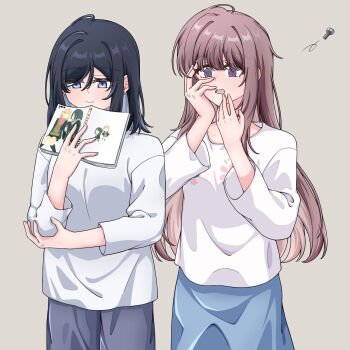 Rule 34 | 2girls, @ @, adachi sakura, adachi to shimamura, black hair, black pants, blue eyes, blue skirt, blush, bolt (hardware), book, brown hair, chinese commentary, closed mouth, commentary request, grey background, highres, holding, holding book, long hair, medium hair, miyagi shiori, multiple girls, open mouth, pants, purple eyes, sendai hazuki, shimamura hougetsu, shirt, shuuniichido classmate wo kau hanashi, simple background, skirt, smile, teng xia53256, white shirt, yuri, yuri (object)
