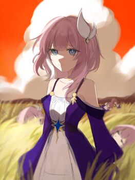 Rule 34 | 5girls, bare shoulders, blue eyes, closed eyes, cloud, coat, colored skin, commentary request, cyrene (honkai: star rail), cyrene (philia093) (honkai: star rail), dress, far 2549, hair ornament, highres, honkai: star rail, honkai (series), lying, multicolored hair, multiple girls, multiple persona, outdoors, pink hair, purple coat, red skin, two-tone hair, wheat, wheat field, white dress, white hair