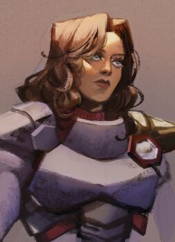 1girl armor brown_background brown_hair f-zero green_eyes highres jody_summer long_hair monkii_(mjooolnina) nintendo red_lips solo turtleneck upper_body