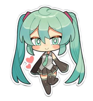 1girl aqua_eyes aqua_hair aqua_necktie black_skirt black_sleeves chibi detached_sleeves grey_shirt hatsune_miku highres long_hair mottoyo necktie pleated_skirt shirt skirt sleeveless sleeveless_shirt twintails vocaloid