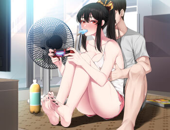 1boy 1girl :d akchu ass bare_shoulders barefoot black_hair black_nails blush bottle breasts chobi_(akchu) cleavage controller couch electric_fan feet food game_controller groping hair_between_eyes highres large_breasts long_hair nail_polish open_mouth original playstation_controller ponytail popsicle red_eyes shorts sitting smile soles sweat tank_top television toenail_polish toenails toes