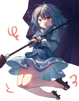 1girl ar_(maeus) ass blue_eyes blue_hair blush heterochromia highres japanese_clothes juliet_sleeves jumping karakasa_obake long_sleeves puffy_sleeves purple_umbrella red_eyes sandals shirt short_hair skirt solo swirl tatara_kogasa thighs toes tongue touhou umbrella undefined_fantastic_object vest white_background wind wind_lift