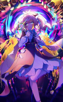 Rule 34 | 1girl, @ @, absurdres, aquila (honkai: star rail), beret, black shoes, commentary request, dress, drill hair, hair between eyes, hat, highres, holding, holding wand, honkai: star rail, honkai (series), hyacine (honkai: star rail), long hair, looking at viewer, multicolored eyes, nekoto 728, pantyhose, pink hair, red dress, red hat, shoes, solo, standing, standing on one leg, twin drills, wand, white pantyhose, yellow blood