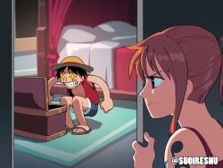 1boy 1girl after_vaginal aftersex all_fours animated anus arm_tattoo ass audible_speech bare_arms bare_shoulders bed bedroom blue_background blurry blurry_background blush bottomless bouncing_breasts breasts breasts_out brown_eyes cleavage cleft_of_venus close-up closed_eyes closed_mouth clothes_lift clothes_pull colored_pubic_hair completely_nude cowgirl_position cum cum_in_pussy dark-skinned_male dark_skin disappointed doggystyle earrings english_audio expressionless fellatio female_pubic_hair food from_behind from_side frown furrowed_brow girl_on_top hetero hoop_earrings indoors jewelry log_pose looking_at_another looking_back matching_hair/eyes meat medium_breasts moaning monkey_d._luffy nami_(one_piece) nami_(one_piece)_(thriller_bark) nape naughty_face nipples no_bra no_panties nose_blush nose_bubble nose_picking nude official_alternate_costume one_piece open_clothes open_mouth open_vest oral orange_eyes orange_hair orange_pubic_hair pants pants_pull penis ponytail pout presenting pubic_hair pussy seductive_smile sex sex_from_behind shirt_lift short_hair sleeping sleeveless smile snot_bubble sound sparkling_eyes straddling suoiresnu sweat sweatdrop talking tareme tattoo testicles thinking toned toned_male treasure_chest tsurime uncensored undressing undressing_another v v-shaped_eyebrows vaginal vest video