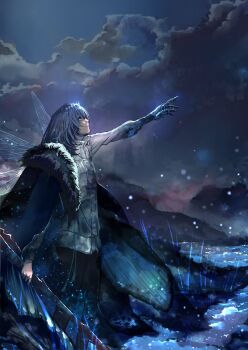 1boy absurdres black_hair blue_eyes cloud fate/grand_order fate_(series) fur_trim hair_between_eyes highres holding holding_scythe miruki_(pixiv29937796) oberon_(fate) oberon_(third_ascension)_(fate) scythe short_hair solo standing wings