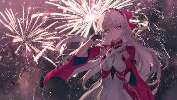 1girl aerial_fireworks ahoge aqua_eyes black_gloves bow breasts carlotta_(wuthering_waves) closed_mouth commentary_request dress fireworks gloves hair_bow hand_up highres jacket medium_breasts partial_commentary pink_bow pink_jacket shui_cao_yu smile solo striped_bow upper_body white_dress wuthering_waves