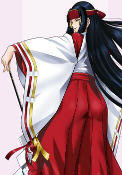 Rule 34 | 1girl, ass, black eyes, black hair, from behind, headband, highres, hinokawa jun, japanese clothes, long hair, miko, rashoujin mizuki, samurai spirits, wand