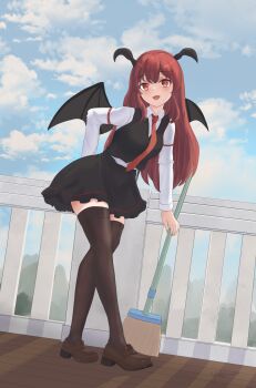 Rule 34 | 1girl, absurdres, andylove886, black skirt, black vest, blue sky, blush, breasts, broom, brown shoes, brown thighhighs, cloud, collared shirt, commentary request, day, demon wings, fang, head wings, highres, holding, holding broom, koakuma, loafers, long hair, long sleeves, looking at viewer, medium breasts, necktie, open mouth, red eyes, red hair, red necktie, shirt, shoes, skirt, skirt set, sky, smile, solo, thighhighs, touhou, very long hair, vest, white shirt, wings