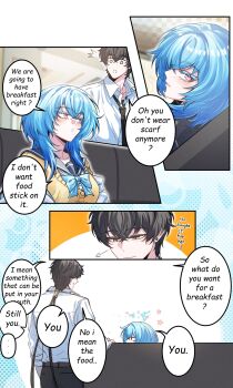 1boy 1girl absurdres black_hair black_sailor_collar blue_bow blue_bowtie blue_hair bow bowtie cardigan_vest closed_mouth collared_shirt colored_eyelashes commentary english_text highres long_hair looking_at_another male_rover_(wuthering_waves) official_alternate_costume purple_eyes rover_(wuthering_waves) sailor_collar school_uniform shirt shorekeeper_(wuthering_waves) smile symbol-only_commentary tu_thanh white_shirt wuthering_waves