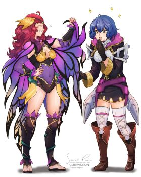 2girls :o ahoge alternate_hair_color black_gloves black_leotard blue_hair boots breasts butterfly_wings covered_navel detached_sleeves facing_another female_morgan_(fire_emblem) fire_emblem fire_emblem_awakening fire_emblem_fates fire_emblem_heroes full_body gloves grin hand_on_own_hip highres insect_wings knee_boots leotard long_hair looking_at_another medium_breasts multiple_girls nintendo official_alternate_costume open_mouth ophelia_(fire_emblem) ophelia_(resplendent)_(fire_emblem) purple_eyes red_hair short_hair sierra117renner simple_background smile sparkling_eyes standing thighhighs thighs tongue wavy_hair white_background white_thighhighs wing_cape wings