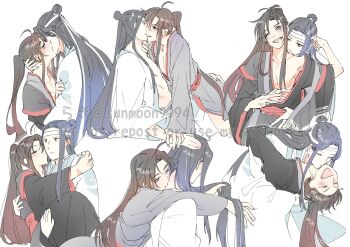 2boys ahoge alternate_hairstyle black_hair black_hanfu blue_eyes blush brown_hair carrying chinese_clothes closed_eyes closed_mouth clothes_grab collarbone couple eye_contact fang groping hair_down hand_on_another's_ass hand_on_another's_chin hand_on_another's_stomach hand_under_clothes hanfu headband high_ponytail highres holding_another's_hair hug hug_from_behind kiss kissing_cheek kissing_neck lan_wangji laughing long_hair long_sleeves looking_at_another male_focus modao_zushi multiple_boys multiple_views off_shoulder one_eye_closed open_clothes open_mouth open_robe pectoral_cleavage pectorals ponytail princess_carry red_sash robe sash sidelocks simple_background single_bare_shoulder sitting sitting_on_lap sitting_on_person smile straddling sunmoon9994 sweat topknot twitter_username very_long_hair watermark wei_wuxian white_background white_hanfu white_headband wide_sleeves yaoi yellow_eyes