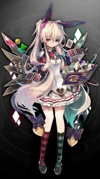 1girl alice_undertale_(grimms_notes) black_shoes blonde_hair blue_eyes book breasts card floating floating_book floating_object full_body heterochromia holding_own_hair open_book playing_card red_eyes shoes skirt solo wings
