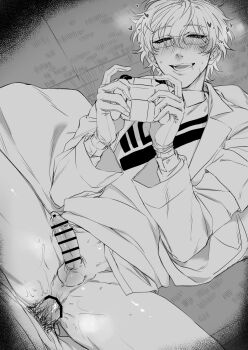 2boys anal bar_censor blush censored coat collared_shirt controller gagake_v game_controller glasses gloves greyscale heart highres holding holding_controller holding_game_controller leos_vincent leos_vincent_(1st_costume) lying male_focus male_pubic_hair monochrome multiple_boys nijisanji on_back open_clothes open_coat penis protected_link pubic_hair saliva shirt short_hair smile sweat sweater_vest teeth testicles virtual_youtuber yaoi