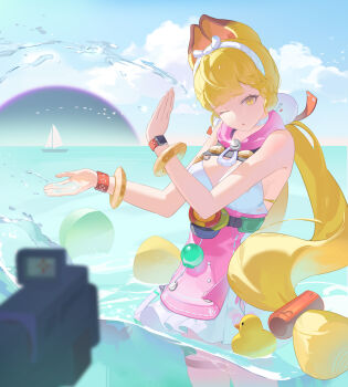 1girl absurdres alice_thymefield alice_thymefield_(sea_of_thyme) animal_ears blonde_hair blue_sky blurry boat breasts cloud commentary_request depth_of_field dress highres horizon lingdu_han long_hair low_twintails medium_breasts ocean one_eye_closed outdoors pink_dress sky solo splashing twintails very_long_hair wading watercraft yellow_eyes zenless_zone_zero