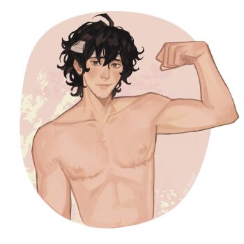 Rule 34 | 1boy, bandaged head, bandages, black hair, closed mouth, commentary, commission, emil (identity v), english commentary, facial hair, flexing, gender transitioning, green eyes, hair between eyes, highres, identity v, lips, looking at viewer, male focus, mastectomy scar, nikoadmeliora, nose, scar, scar on chest, short hair, solo, stubble, upper body