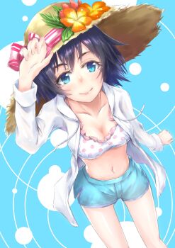 1girl absurdres bare_legs bikini black_hair blue_eyes breasts from_above hat highres hood hooded_jacket jacket looking_at_viewer medium_breasts navel official_alternate_costume open_clothes open_jacket science_adventure shiina_mayuri short_hair short_shorts shorts smile solo steins;gate stomach swimsuit thighs yakku