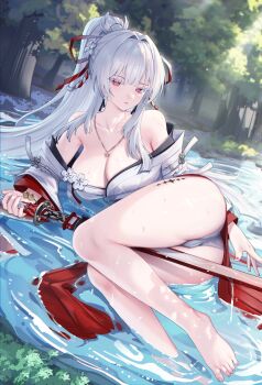 1girl absurdres ass bare_shoulders barefoot breasts chinese_commentary cleavage closed_mouth collarbone colored_eyelashes commentary_request day feet hair_intakes hair_ribbon highres hiyuki_(wuthering_waves) holding holding_sword holding_weapon japanese_clothes jewelry katana kimono kmos large_breasts long_hair looking_at_viewer lying lying_on_water md5_mismatch nail_polish necklace off_shoulder on_side outdoors paid_reward_available panties partial_commentary ponytail red_eyes red_nails red_ribbon ribbon solo sword tacet_mark_(wuthering_waves) thighs toes underwear weapon wet white_eyelashes white_hair white_kimono white_panties wuthering_waves