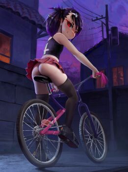 1girl ass bad_id bad_pixiv_id bare_arms bare_shoulders bicycle black_hair black_nails black_shirt black_shoes black_thighhighs building charizard closed_mouth collar cross_hair_ornament dagger_(fiz-rot) exhibitionism fang fang_out female_focus fiz-rot from_behind full_body gen_1_pokemon hair_ornament highres house loli looking_at_viewer looking_back medium_hair miniskirt nail_polish naughty_face night nintendo no_panties original outdoors pokemon pokemon_card public_indecency red_eyes red_skirt riding riding_bicycle shirt shoes skirt smile solo spiked_collar spikes thighhighs window