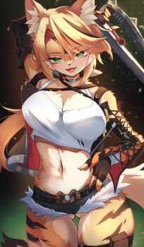 1girl an_choby animal_ear_fluff arm_up black_choker black_gloves blonde_hair body_fur breasts cheetah_girl choker cleavage cropped_shirt cutoffs fang fingerless_gloves furry furry_female gloves gluteal_fold green_eyes hand_on_own_hip highres cross-laced_sleeves large_breasts long_hair looking_at_viewer micro_shorts navel open_mouth pulchra_fellini serval shirt shorts solo tail white_shirt yellow_fur zenless_zone_zero