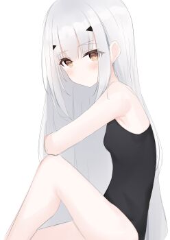 1girl absurdres bare_arms bare_shoulders black_one-piece_swimsuit blush breasts brown_eyes closed_mouth commentary_request fate/grand_order fate_(series) feet_out_of_frame from_side grey_hair highres knee_up long_hair looking_at_viewer looking_to_the_side melusine_(fate) one-piece_swimsuit riya_(01214) simple_background sitting small_breasts solo swimsuit very_long_hair white_background