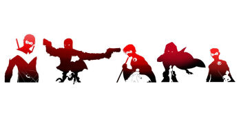 1girl 4boys batman_(series) brothers bruce_wayne damian_wayne dc_comics dick_grayson domino_mask dual_wielding emblem escrima_stick eye_mask family father_and_son gun helmet holding jason_todd legacy mask multiple_boys nightwing red_hood_(dc) red_robin robin_(dc) siblings silhouette simple_background spoiler_(dc) staff stephanie_brown sword tim_drake trapeze_(object) weapon white_background