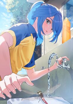 1boy absurdres blue_hair bottle brown_eyes bug collared_shirt day drinking_fountain highres inazuma_eleven inazuma_eleven_(series) kazemaru_ichirouta long_hair looking_to_the_side male_focus multicolored_shirt okurarebito outdoors ponytail shirt short_sleeves sideways_glance soccer_uniform solo sportswear sweat upper_body water water_bottle wing_collar