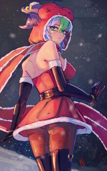 Rule 34 | 1girl, apricot the lich, black gloves, boutsoftheblind, breasts, closed mouth, demon girl, demon horns, dress, elbow gloves, fur-trimmed dress, fur-trimmed gloves, fur trim, gloves, green streaks, grey hair, highres, horns, indie virtual youtuber, looking at viewer, medium breasts, outdoors, pantyhose, red dress, red hood, red pantyhose, sideboob, snow, snowing, solo, virtual youtuber