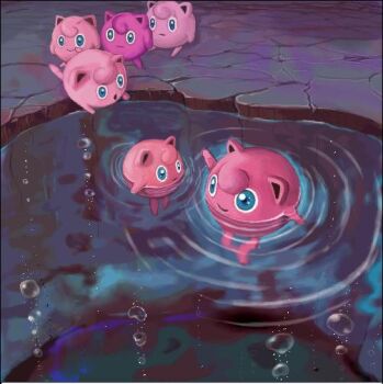 1990s_(style) afloat alternate_color bubble cave floating gen_1_pokemon hutasimete jigglypuff nintendo no_humans pokemon pokemon_(creature) pokemon_rgby queue retro_artstyle swimming water