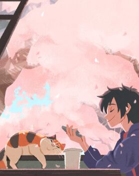 big_hero_6 black_hair blue_jacket calico_(pattern) calico_cat cat cherry_blossoms closed_eyes closed_mouth commentary_request cup disposable_cup earbuds earphones falling_petals hair_between_eyes highres hiro_hamada holding holding_phone jacket mochi_(big_hero_6) naco_oekaki petals phone pink_petals red_shirt shirt short_hair sitting smile tree