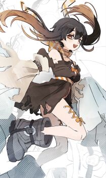 Rule 34 | 1girl, amo empool, bare shoulders, black dress, black hair, boots, breasts, brown eyes, corset piercing, detached sleeves, dress, foot out of frame, gachiakuta, grey boots, highres, light blush, long hair, medium breasts, open mouth, orange ribbon, ribbon, scarf, smile, solo, yuumewu