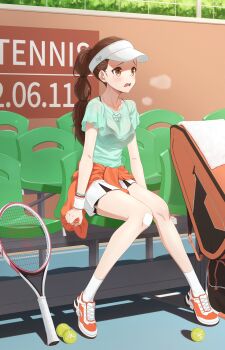 1girl absurdres angrykuma bag ball bandaid black_bra blush bra bra_strap bra_visible_through_clothes breath brown_eyes brown_hair bush chair clenched_hand clothes_around_waist collarbone dolphin_shorts english_text exhausted green_shirt high_ponytail highres jacket jacket_around_waist jewelry legs long_hair necklace orange_jacket original ponytail racket shadow shirt shoes short_shorts shorts sitting skirt sneakers socks sweat sweatband sweaty_clothes t-shirt tennis_ball tennis_court tennis_racket thighs towel underwear visor_cap wet wet_clothes white_skirt white_socks wristband