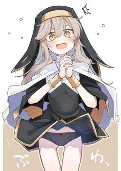 1girl black_dress black_panties blush bracelet brown_eyes brown_hair commentary_request dress eyebrows_hidden_by_hair flat_chest hair_between_eyes highres jewelry long_hair looking_at_viewer nun ogami_kazuki open_mouth original own_hands_clasped own_hands_together panties praying rosary solo surprised sweat underwear