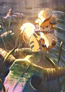 animal_focus barrel bone bone_in_mouth fluffy full_body gen_1_pokemon grass growlithe highres mimori_(mimori0189) nintendo no_humans orange_fur outdoors pokemon pokemon_(creature) pokemon_focus sitting tail