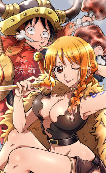 1boy 1girl absurdres arm_behind_head arm_up armpits black_hair bone boned_meat braid breasts brown_eyes brown_loincloth cape choker cleavage clima-tact closed_mouth commentary_request crop_top dated earrings facial_scar fake_horns feet_out_of_frame food food_in_mouth fur_cape gold_choker hat hat_on_back helmet highres holding holding_food holding_staff horned_helmet horns jewelry knees large_breasts long_hair looking_at_viewer meat midriff monkey_d._luffy nami_(one_piece) navel official_alternate_costume official_alternate_hairstyle one_eye_closed one_piece orange_hair pearl_earrings red_cape scar scar_on_cheek scar_on_face shoulder_tattoo single_braided_sidelock sitting staff straw_hat tattoo thigh_strap thighs tongue tongue_out tsunj upper_body yellow_cape