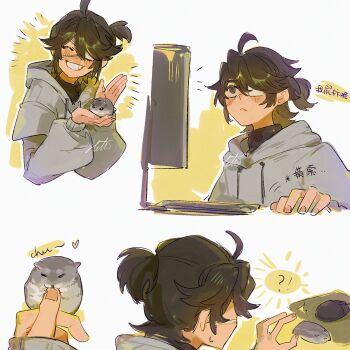 !? 1boy :&lt; ahoge blush brown_hair closed_eyes computer_mouse eyepatch fang grey_hoodie grin half_updo hamster highres hit-hit hood hoodie identity_v looking_at_object luca_balsa luca_balsa_(oph.luca) male_focus official_alternate_costume ponytail short_ponytail smile striped_blush turtleneck