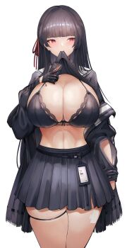 1girl black_bra black_gloves black_skirt blush bra breasts chisa_(wuthering_waves) cleavage clothes_lift gloves highres id_card large_breasts looking_to_the_side mixed-language_commentary mouth_hold navel pleated_skirt red_eyes school_uniform serafuku shirt_lift simple_background skirt smile solo thigh_strap underwear white_background wuthering_waves yusha_m