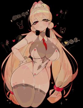 1girl adapted_costume alice_thymefield alice_thymefield_(sea_of_thyme) alternate_costume animal_ears bare_shoulders black_background blonde_hair blush braid breasts choker cleavage gloves hair_ornament heterochromia highres large_breasts leotard long_hair looking_at_viewer low_twintails navel official_alternate_costume one-piece_swimsuit rabbit_ears rabbit_girl red_eyes simple_background solo sphere_hair_ornament swimsuit thick_thighs thigh_strap thighhighs thighs twintails usa37107692 very_long_hair white_leotard yellow_eyes zenless_zone_zero