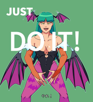 1girl bat_wings breasts capcom cleavage covered_navel darkstalkers english_text fangs fingerless_gloves gamushiro gloves green_hair highres japanese_text large_breasts leotard long_hair looking_at_viewer morrigan_aensland open_mouth pantyhose smile solo teeth tongue translated wings yellow_eyes