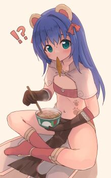 !? 1girl animal_ears black_gloves blue_hair boots bow capelet chopsticks emurin flat_chest gloves green_eyes hair_bow highres instant_cup_noodles instant_noodles instant_ramen instant_udon long_hair majiko_(emurin) monkey_ears mouth_hold navel pelvic_curtain pink_bow ragnarok_online red_boots simple_background sitting solo star-shaped_pupils star_(symbol) stomach_tattoo strapless symbol-shaped_pupils tattoo tube_top white_background