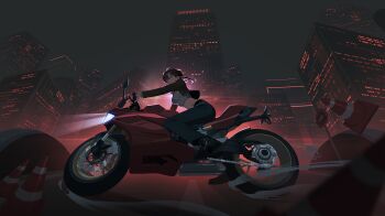 1girl absurdres artist_logo backlighting black_pants boots breasts brown_hair building city closed_mouth crop_top cropped_jacket drifting ear_cuffs earrings from_below full_body headlight_beam highres izsly jacket jewelry logo long_sleeves motor_vehicle motorcycle navel night on_motorcycle original outdoors pants riding road road_sign scenery short_hair sign skyscraper smoke solo traffic_cone