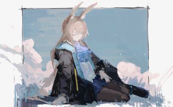 1girl absurdres amiya_(arknights) animal_ears arknights ascot black_jacket black_pantyhose black_shoes blue_ascot blue_skirt brown_hair closed_eyes closed_mouth cloud commentary_request full_body hair_between_eyes highres hood hooded_jacket jacket jewelry long_hair long_sleeves multiple_rings open_clothes open_jacket pantyhose rabbit_ears rabbit_girl ring ring_on_every_finger shirt shoes sitting skirt sky solo white_shirt yoioisss