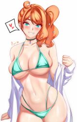 Rule 34 | 1girl, anisdrawn, aqua eyes, bare shoulders, bikini, blush, breasts, commentary, cowboy shot, creatures (company), english commentary, game freak, green bikini, grin, heart, highres, large breasts, long hair, looking at viewer, navel, nintendo, off shoulder, orange hair, pokemon, pokemon swsh, side ponytail, simple background, smile, solo, sonia (pokemon), spoken heart, standing, stomach, swimsuit, white background