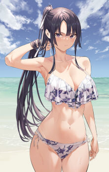 1girl absurdres arm_behind_head arm_up armpits bare_shoulders beach bikini black_hair blue_sky breasts cleavage closed_mouth cloud collarbone cowboy_shot day earrings hair_ribbon highres hiiragi_yuuichi horizon jewelry large_breasts long_hair looking_at_viewer navel ocean original outdoors paid_reward_available parted_bangs ponytail purple_eyes ribbon side-tie_bikini_bottom sidelocks sky solo standing stomach swimsuit thigh_gap thighs very_long_hair water white_bikini