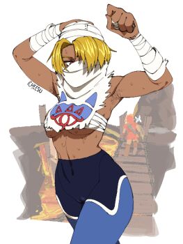 Rule 34 | 1boy, 1girl, adapted costume, armpits, bandaged fingers, bandaged leg, bandages, blonde hair, breasts, cameltoe, chest sarashi, commentary, dark-skinned female, dark skin, hair over one eye, highres, lava, link, navel, navi, nintendo, princess zelda, red eyes, rheesu, sarashi, sheik, solo focus, stomach, sweat, tan, the legend of zelda, the legend of zelda: ocarina of time, torn clothes, turban, underboob, untranslatable commentary