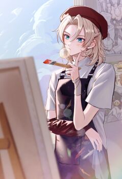 1boy albedo_(genshin_impact) alternate_costume apron arm_support arm_warmers beret black_pants blonde_hair blue_eyes blue_sky blurry blurry_foreground braid brown_hat canvas_(object) chewing_gum closed_mouth cloud commentary easel facepaint food genshin_impact hair_between_eyes hands_up hat highres index_finger_raised male_focus pants pocket pponnya purple_apron shirt short_hair short_sleeves single_arm_warmer sky solo standing t-shirt white_shirt