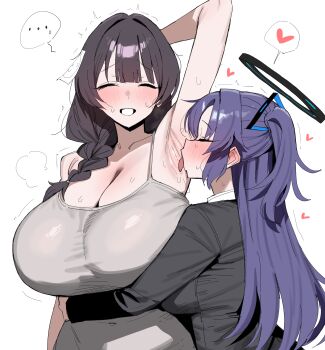 Rule 34 | ..., 2girls, absurdres, armpits, black hair, black halo, black jacket, blue archive, braid, braided ponytail, breasts, cleavage, closed eyes, commentary request, female sensei (blue archive), halo, heart, highres, huge breasts, jacket, licking, licking armpit, long hair, long sleeves, multiple girls, purple hair, sensei (blue archive), simple background, smile, spoken ellipsis, spoken heart, white background, xipa, yuri, yuuka (blue archive)