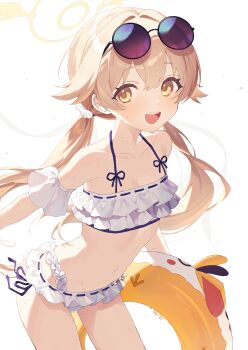 Rule 34 | 1girl, absurdres, bare shoulders, bikini, blonde hair, blue archive, blush, closed mouth, collarbone, commentary request, eyelashes, eyewear on head, frills, hair between eyes, hair ornament, hair ribbon, halo, halterneck, hand up, hifumi (blue archive), hifumi (swimsuit) (blue archive), highres, innertube, long hair, looking at viewer, low twintails, nail polish, navel, ocean, official alternate costume, pink nails, ribbon, ribbon-trimmed bikini, ribbon trim, river (pixiv 120714346), round eyewear, ruffle bikini, side-tie bikini bottom, sidelocks, smile, solo, standing, stomach, sunglasses, swim ring, swimsuit, twintails, white bikini, white ribbon, yellow eyes, yellow halo