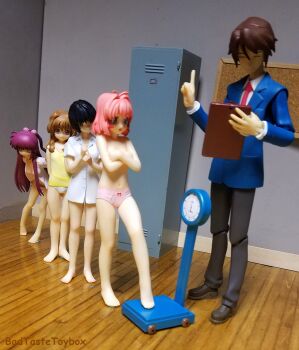 1boy absurdres age_difference asahina_mikuru barefoot black_hair bottomless breasts brown_hair covering_breasts covering_privates crossover examination flat_chest floor highres locker physical_examination miyafuji_miina morino_ichigo multiple_girls panties panty_pull photo_(medium) pink_hair pink_panties revoltech school_uniform shirt small_breasts suzumiya_haruhi_no_yuuutsu toy underwear weighing_scale white_shirt bad_tag wooden_floor